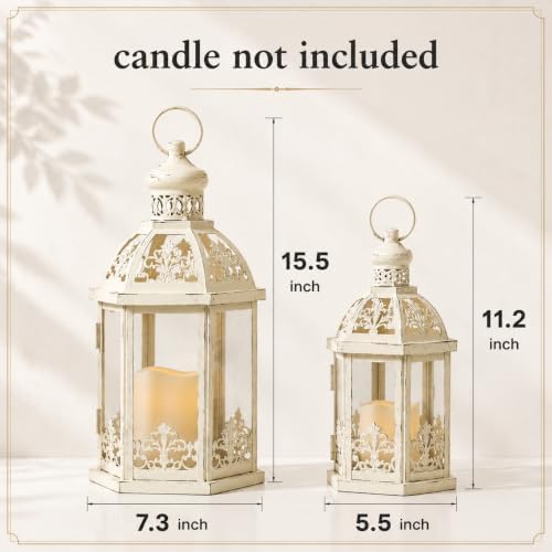 Lanterns Decorative Outdoor&Indoor, Set of 2 (15"&11") Beige Metal Lantern Decor with Glass, Candle Holder for Porch, Patio, Garden, Fall, Wedding, Christmas, Table Centerpiece - Image 2