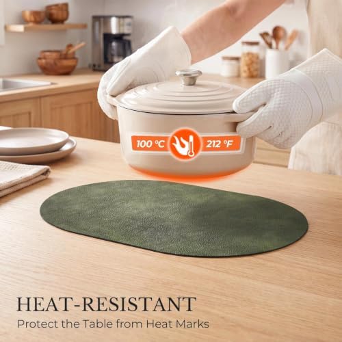MOSAYT Vinyl Faux Leather Oval Placemats, Set of 8, Olive Green - Image 4