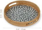 YANGQIHOME Round Rattan Tray with Handle, Mother of Pearl Inlay Decorative Wicker Basket for Coffee, Bread, Fruits, Serving Tray for Home Decor, Blue Leaf - Image 3