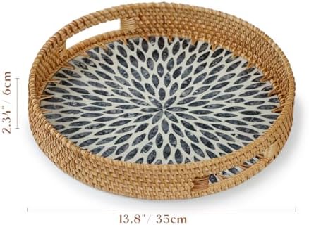 YANGQIHOME Round Rattan Tray with Handle, Mother of Pearl Inlay Decorative Wicker Basket for Coffee, Bread, Fruits, Serving Tray for Home Decor, Blue Leaf - Image 3