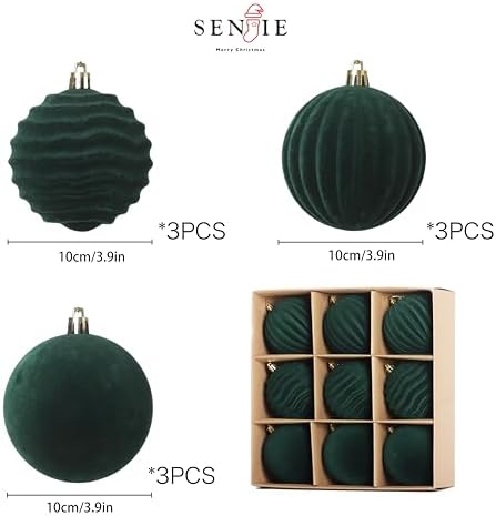 4In Large Green Velvet Christmas Ornaments Set,9Pcs Flocked Ornaments Balls - Image 4