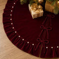 WineRed Velvet Christmas Tree Skirt with Ruffled Edge and Faux Pearl, 60 Inches Rustic Vintage Xmas Tree Skirt for Party Decorations by DegGod