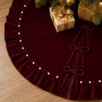 WineRed Velvet Christmas Tree Skirt with Ruffled Edge and Faux Pearl, 60 Inches Rustic Vintage Xmas Tree Skirt for Party Decorations by DegGod
