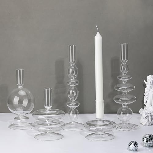 Rtteri 5 Pcs Glass Candlestick Holders Colorful Glass Taper Candle Stand Groovy Candlestick Wavy Boho Chic Clear Bases Holders Elegant Vase for Home Party Centerpiece(Clear) - Image 3