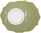 Set of 8 Cotton Linen Placemats, 15x15 Round Scalloped Cloth Table Mats, Embroidery Machine Washable, Wrinkle Resistance Fabric Place Mats for Wedding Summer Baby Shower Party Table Decor-Green by CMINAUS