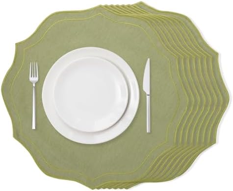 Set of 8 Cotton Linen Placemats, 15x15 Round Scalloped Cloth Table Mats, Embroidery Machine Washable, Wrinkle Resistance Fabric Place Mats for Wedding Summer Baby Shower Party Table Decor-Green by CMINAUS