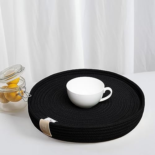 5-Piece Round Cotton Rope Placemats & Holder, Black by ArtPineconeHome