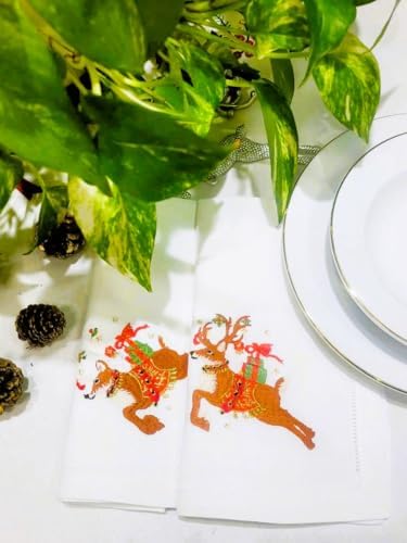 Embroidered Christmas Brown Reindeer and GIFS Cotton Napkins Set of 6,18"x18" Hemstitch Table Napkins Machine Washable for Daily & Christmas, Holidays, Events - Image 7