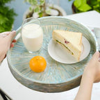 PEMAR 12.6” Mother of Pearl Round Serving Tray with Handles, Decorative Nacred Wooden Ottoman Coffee Table Tray (Teal Sunlight) - Image 3