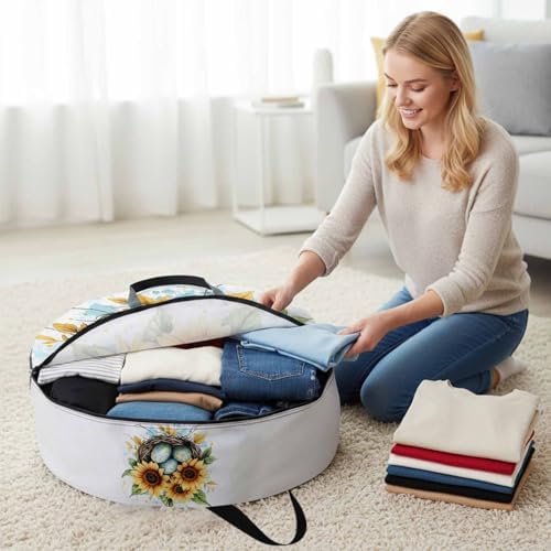 Easter Eggs Nest Round Storage Bag 24 Inch, Watercolor Green Egg Spring Sunflowers Floral Leaf Clothes Storage Container with Handles Heavy Duty Organizer for Comforter, Bedding & Holiday Wreaths - Image 3