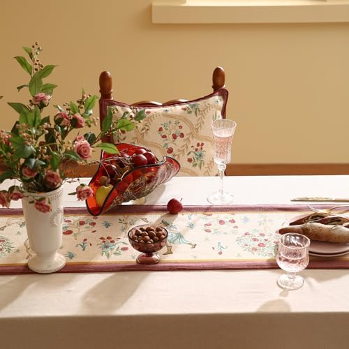 patdrea Designer Idyll Linen Table Runner, Vintage Beige Farmhouse with Ancient Spring Figure and Fruit Trees Pattern Table Mat, Decoration for Kitchen Dining Banquet Christmas ,12"*87" - Image 4