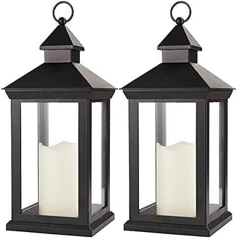 2-Pack 14" Decorative Candle Lantern Black Outdoor Lanterns with Timer Candles - IP44 Waterproof Vintage Lanterns Battery Powered LED Decorative for Wedding - Warm White Hanging Wall by BrightZeal