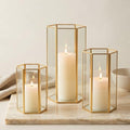 Gold Glass Hurricane Candle Holder Set of 3 Large Clear Hexagon Lanterns by FIAHOSEY