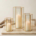 Gold Glass Hurricane Candle Holder Set of 3 Large Clear Hexagon Lanterns by FIAHOSEY