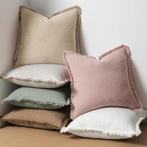 MIULEE Linen Fringe Decorative Euro Throw Pillow Covers Light Pink 26x26 - Image 6
