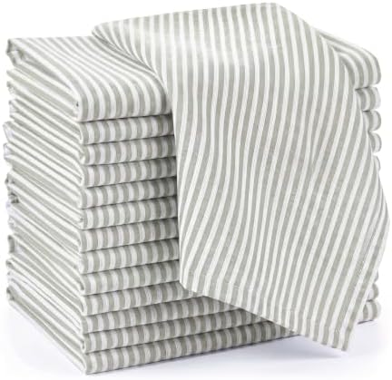Mindsoft Set of 12 Green Striped Linen Cotton Cloth Napkins 18" x 18" by Mindsoft