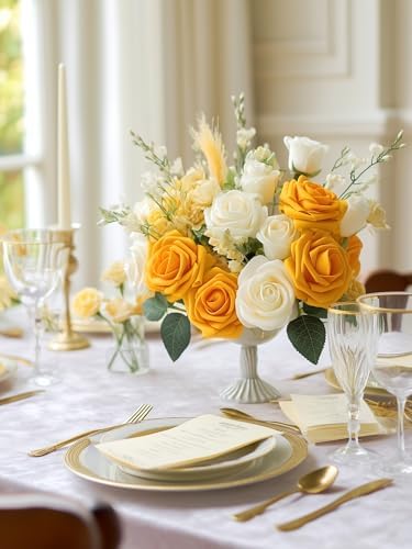 InnoGear Artificial Flowers, 50 Pcs Yellow Foam Fake Roses Bulk with Stems for Autumn Fall Decoration DIY Wedding Bouquets Centerpieces Bridal Shower Party Christmas Tree - Image 4