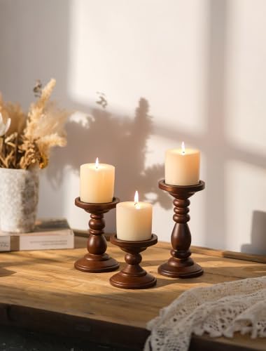 Wood Pillar Candle Holder: Mid Century Dark Brown Candle Stand - Image 2