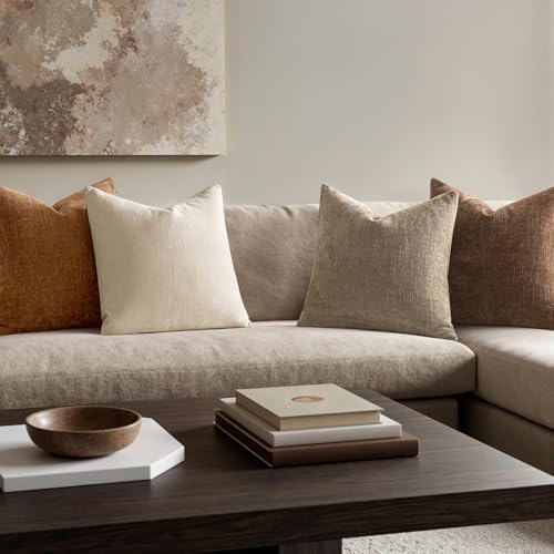 MIULEE Pack of 4 Fall Decorative Throw Pillow Covers 16x16 Inch Chenille Textured Throw Pillows Boho Farmhouse Cushion Covers Vintage Home Decor for Couch Sofa Bed Living Room，Beige Taupe Brown - Image 4