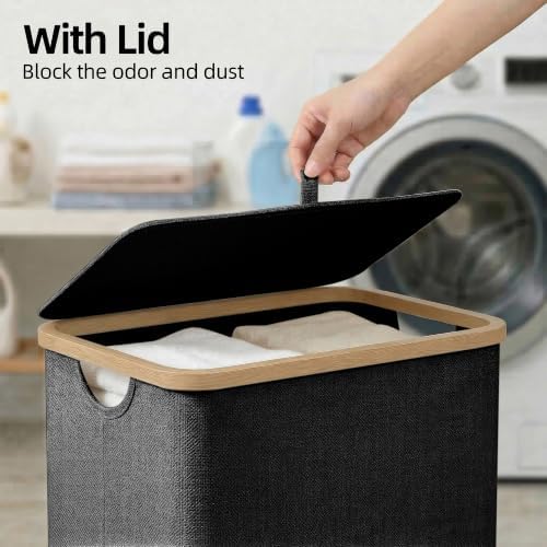 efluky 100L Laundry Basket with Lid and Net Bag, Tall Laundry Hamper with Bamboo Handles, Aesthetic Dirty Clothes Bin for Laundry Room, Bathroom, Bedroom and Dorm, Black - Image 2