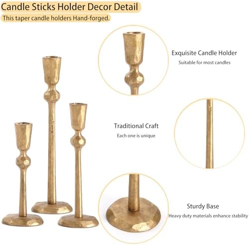 Gold Taper Candle Holders Set of 3, Heavy Candlestick Holders Decorative Candle Stand for Table Centerpiece, Cast Iron Candle Stick Holder Decor - Image 2