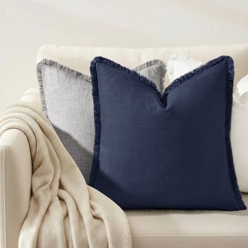 decorUhome Linen Fringe Navy Blue Throw Pillow Covers 18x18 Set of 2 - Image 6