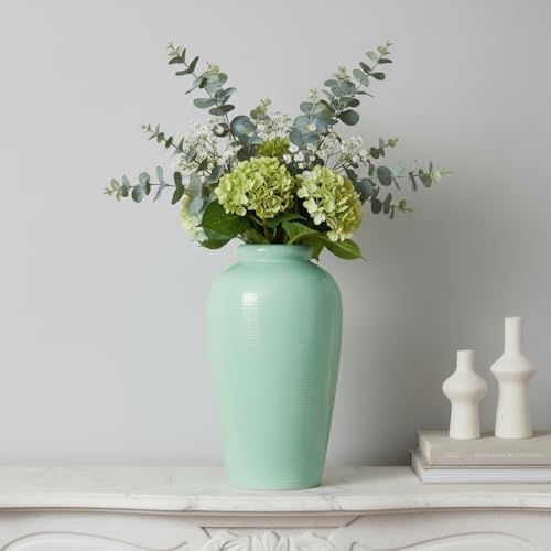 Green Ceramic Vase - 11 Inch Tall Modern Decorative Flower Vase for Living Room, Pottery Centerpiece Vases Home Decor, Eucalyptus, Mantel Decor, Side Table, Kitchen Decoration - Image 5