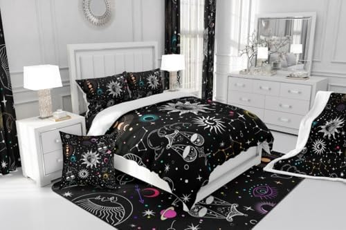 Bohemian Sun Moon Comforter Set Queen Trippy Stars Style Bedding Sets For Kids Teens Zodiac Libra Pattern Duvet Insert Universe Planet Bedding Boho Moon Phase Bedding Comforter Set Home Decor, Black - Image 6