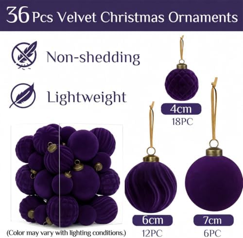 XmasExp 36PCS Velvet Christmas Ornaments Set Mixed Flocked Balls Ornaments Shatterproof Christmas Tree Decorations for Holiday,Party,Home（Purple） - Image 2