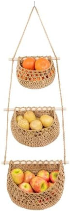 Cotton Hanging Fruit Basket,3 Tier Woven wall Basket, hanging Storage baskets for Kicthen and Bathroom, Macrame wall hanging, Boho Decor Over The Door Decor Organizer, White (Brown) by JmzEHome
