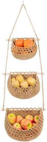 Cotton Hanging Fruit Basket,3 Tier Woven wall Basket, hanging Storage baskets for Kicthen and Bathroom, Macrame wall hanging, Boho Decor Over The Door Decor Organizer, White (Brown) by JmzEHome