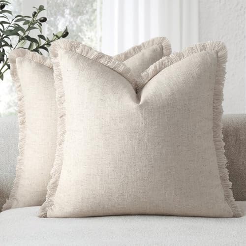 ZWJD Pillow Covers 24x24 Set of 2 Throw Pillow Covers with Fringe Chic Cotton Euro Shams Square Cushion Covers for Couch Sofa Bed Living Room Farmhouse Boho Decor, Natural Beige by ZWJD
