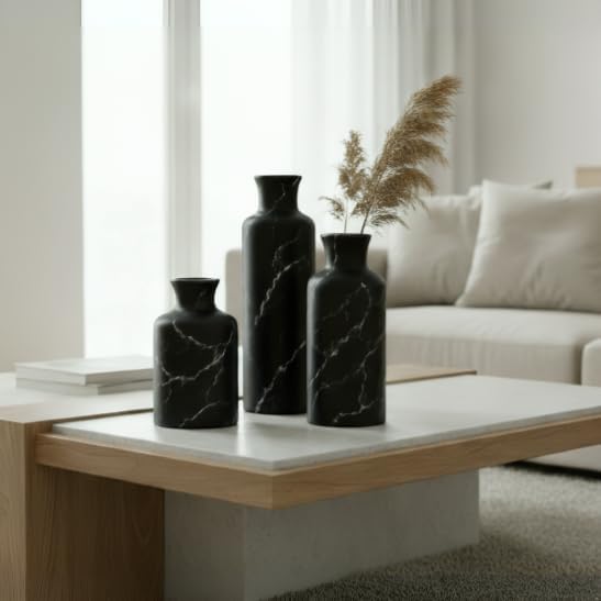 Creative Scents Black Marble Look 3pc Vase Set – Boho Vases for Decor, Modern Vases for Holding Pampas Grass, Dried/Fresh Flowers, Vases for Living Room - Kitchen, Bedroom, Office, Shelf Decor - Image 3