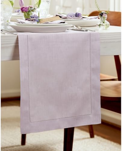 Solino Home 100% Pure Linen Dining Table Runner Lilac Hemstitch, 14 x 60 in - Image 2