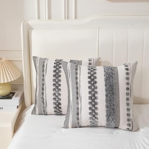 Boho Throw Pillow Covers 18x18 Set of 2 for Couch-Modern Farmhouse Sofa Decorative Grey Throw Pillows Covers Textured Chenille Cushion Covers Outdoor Netural Bohemian Pillow Cases Square - Image 2