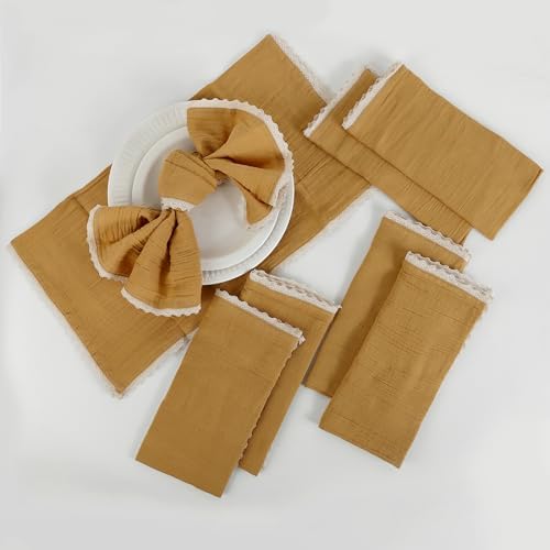 FINGERCRAFT Lace Cloth Napkin, Cotton Gauze, Set of 12, 20x20 in,Gold - Image 4