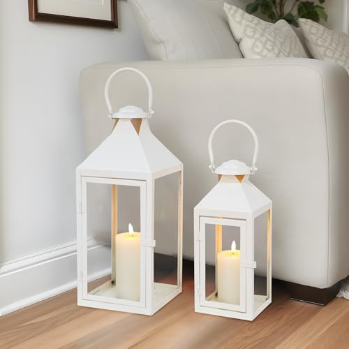 JHY DESIGN Set of 2 Cream Decorative Lanterns 17.5inch&13.5inch Metal Candle Lanterns for Indoor Outdoor Events Paritie and Weddings Vintage Style Hanging Lantern - Image 2