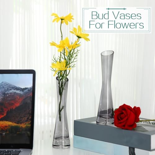 Lallisa 6 Pcs Glass Bud Vases for Centerpieces Maria Modern Clear Small Skinny Decorative Single Flower Bud Vase for Wedding Party Event Home Office Decoration(7.87 Inch,Grey) - Image 4