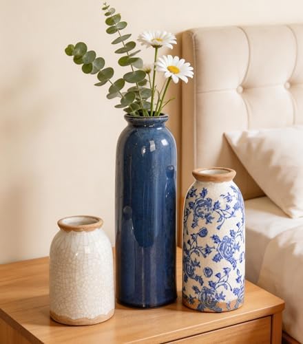 Vintage Ceramic Vase Set of 3, Blue and White Small Flower Vase Chinoiserie Rustic Modern Farmhouse Centerpiece Decorative Vases for Table Entryway Bookshelf Living Room Kitchen Home Decor by FancyPlus