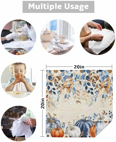 Fall Blue Pumpkins Cloth Napkins Set of 8 Reusable Dinner Napkins, Thanksgiving Cocktail Napkin, Orange Gray Botanical Rustic Washable Table Napkins for Wedding/Party/Baby Shower 20"x20" - Image 5