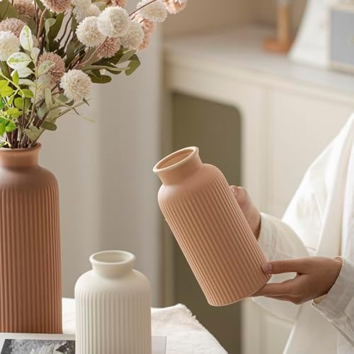 Large Modern Ceramic Vase Set, Coffee Ribbed Matte Design, 3-Piece Decorative Vases for Home, Living Room, Office (XL Coffee Mix) - Image 3