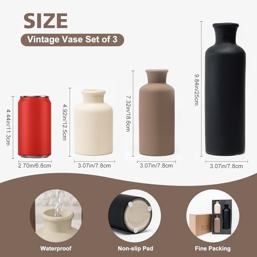 Ceramic Vase Set of 3, Modern Neutral Minimalist Home Decor, Boho Rustic Farmhouse Decorative Vases for Pampas Grass Dried Flowers | Table Centerpiece Entryway Mantel Shelf(Black Mix Set - White#2) - Image 2