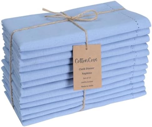 Hemstitch Cloth Dinner Napkins Cotton Set of 12 - Soft Durable Washable - Ideal for Farmhouse Parties Wedding Christmas Easter - Perfect Everyday Use Table Cloth Napkins 18x18 Light Blue by CottonCove