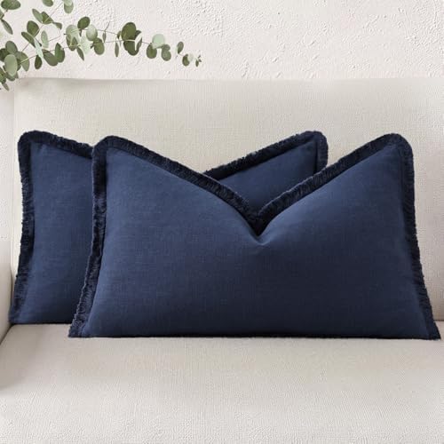 decorUhome Linen Fringe Navy Blue Throw Pillow Covers 12x20 Set of 2 by decorUhome