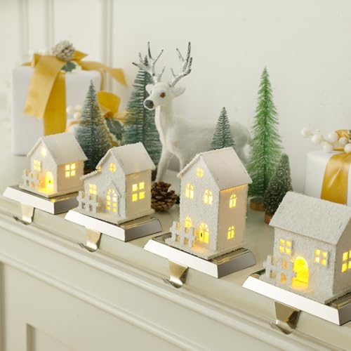 MorningRo 4 Pcs Christmas Village Stocking Holder for Mantle LED Christmas Village House Stocking Hook Set Fireplace Stand Hanger for Xmas Holiday Counter Window Decoration by MorningRo
