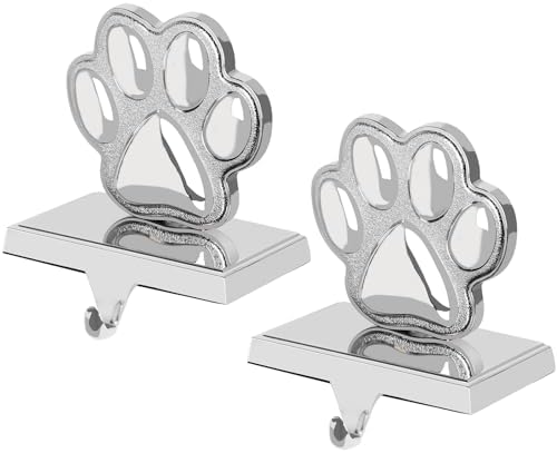 Hxezoc 2 Pack Dog Paw Christmas Stocking Holders 3D Silver Metal Mantel Pet Paw Stocking Hangers for Christmas Fireplace Mantel Decorations Christmas Holiday Supplies by Hxezoc