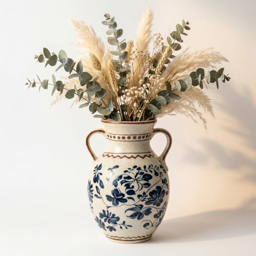 EFISPSS Ceramic Vintage Vase,Spring Decor Unique Chinese Crackle Floral Handle for Dining Room Mantle Living Room,Blue by EFISPSS