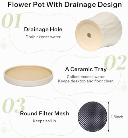8.3 Inch Ceramic Planters with Drainage Hole and Saucer,Indoor Outdoor Large Flower Pots, Garden Pot for Plant Lovers (White) - Image 4