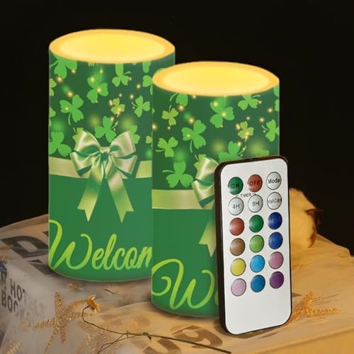 St Patricks Day Decor Flameless Candles Battery Candles with Remote Control Green Bow LED Pillar Candles Electric Fake Plastic Candles for Home Room Bedroom Holiday Decorations Set of 2 by WelcometoLuarisgur