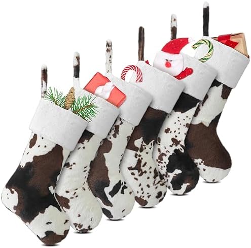 6 Pcs 20 Inch Christmas Cow Print Stockings, White, Cow Print Style by Glimin